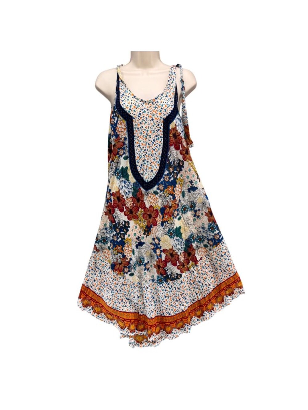Seven Islands Floral Midi Dress Multicolor Sleeveless Tie Shoulder Boho Size L